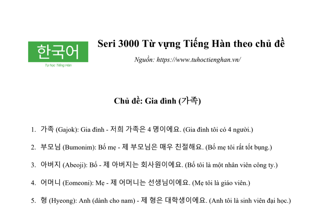 từ vựng tiếng hàn theo chủ đề